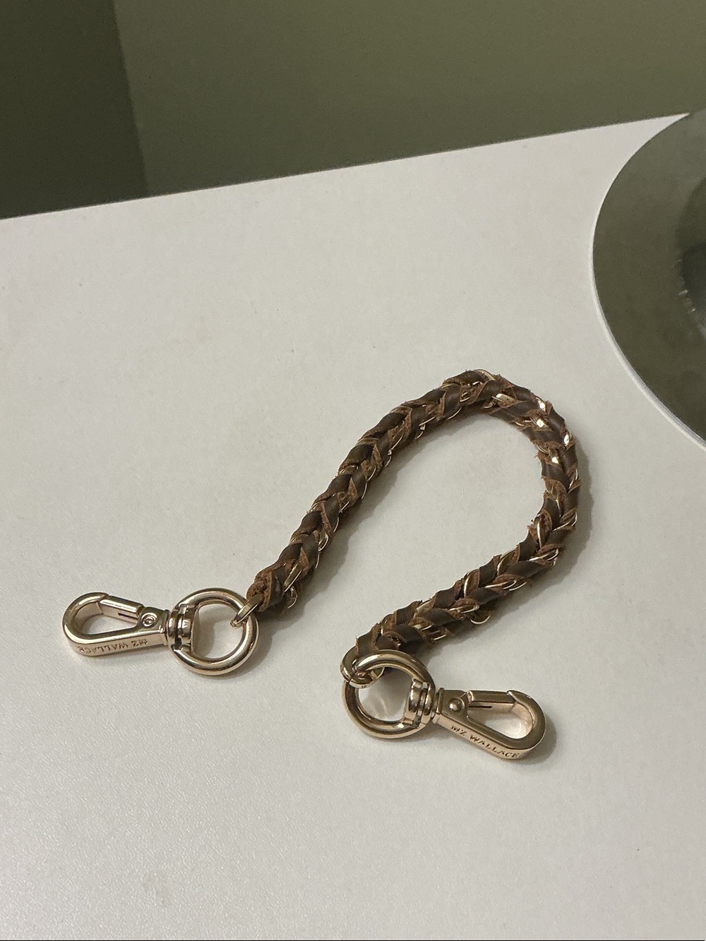 MZ Wallace Brown Braided Leather & Chain Wristlet Strap with Gold Hardware 12”
